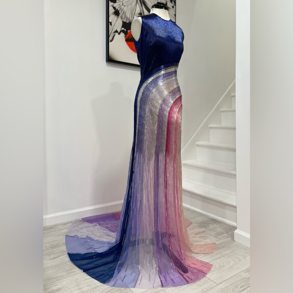 GEORGES HOBEIKA Multicolor Beaded Tulle Sleeveless Train Gown Maxi Dress - Picture 9 of 13